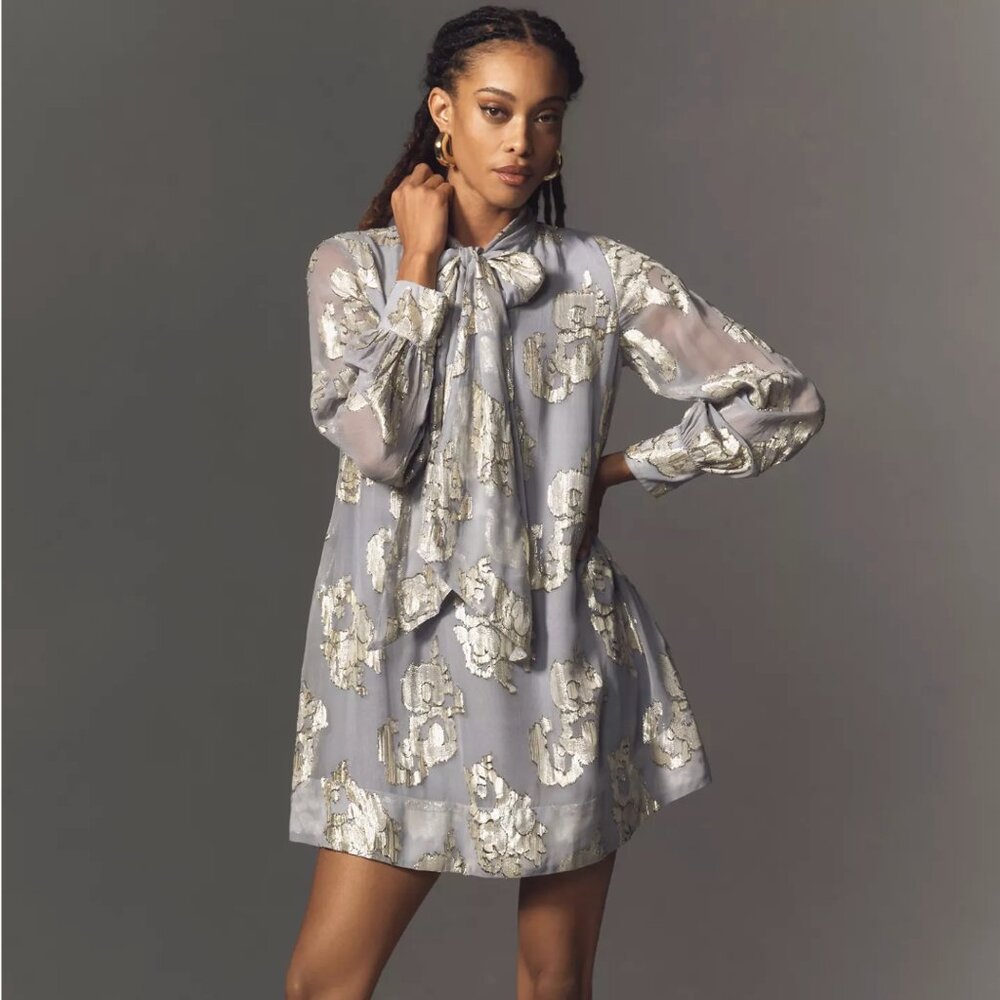 Anthropologie Maeve Caroline Dress Bow Metallic Print